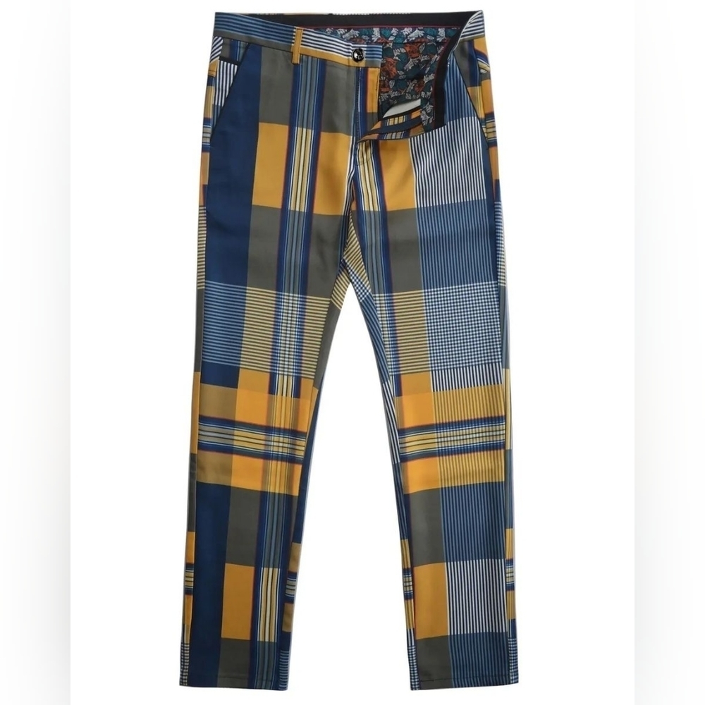 NWT𝅺 SUSLO COUTURE PLAID STRAIGHT FIT WAIST PLEATED PANTS -MUSTARD - Picture 2 of 3